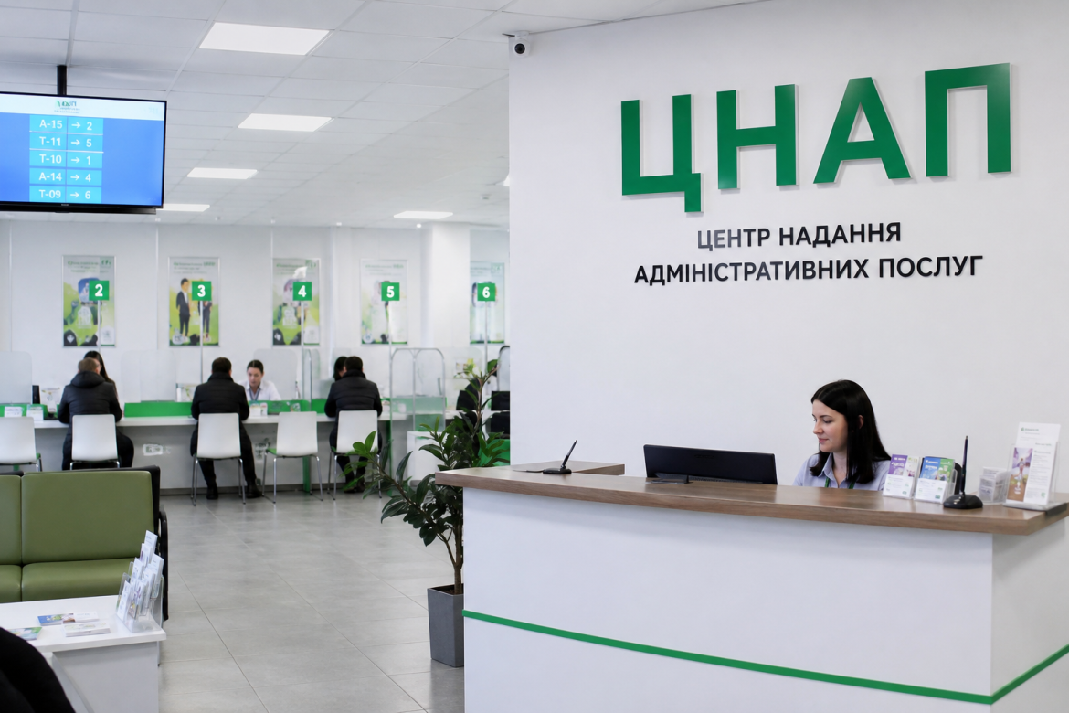 Робочі місця ЦНАП з відвідувачами та працівницею на рецепції