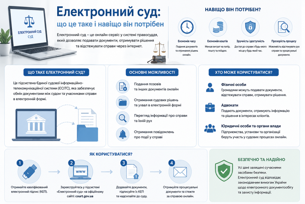 Інфографіка про переваги, можливості та порядок користування Електронним судом в Україні