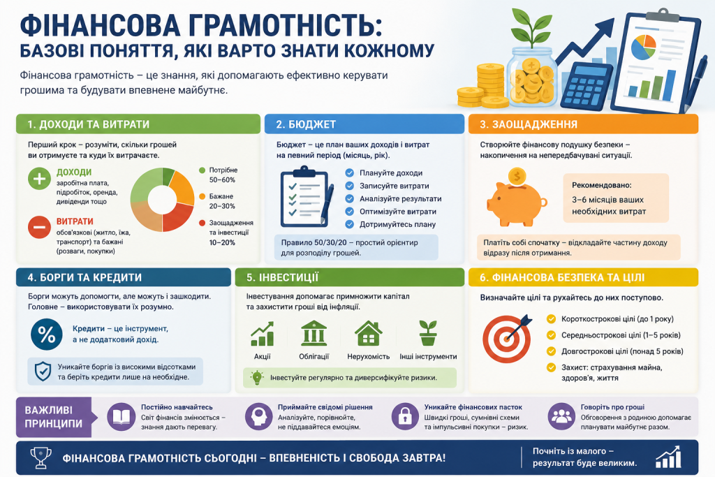 Інфографіка про основи фінансової грамотності, бюджету та заощаджень