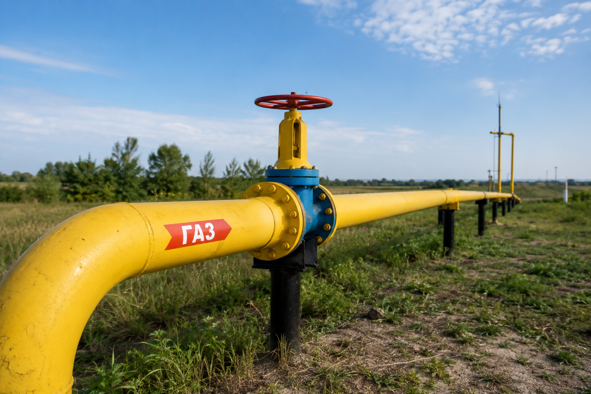 Жовта газова труба з червоним вентилем та написом "ГАЗ" на тлі поля
