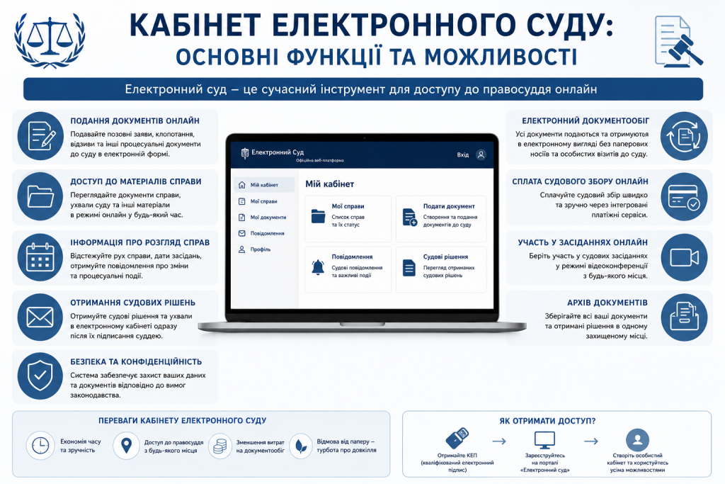 Інфографіка про функції кабінету електронного суду України: подання документів та участь у засіданнях онлайн