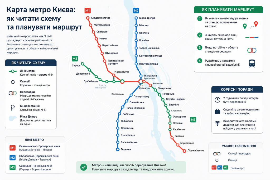 Інфографіка зі схемою ліній Київського метро та інструкцією з планування маршруту