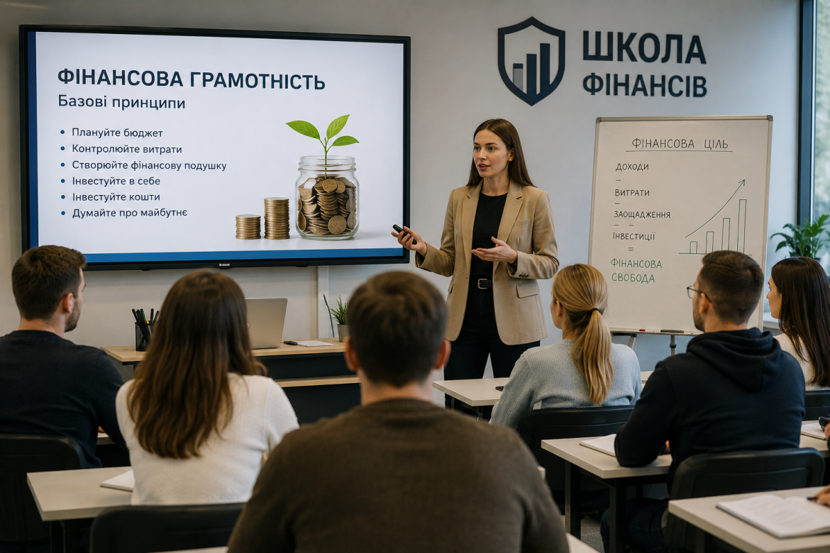 Викладачка проводить заняття з фінансової грамотності для слухачів