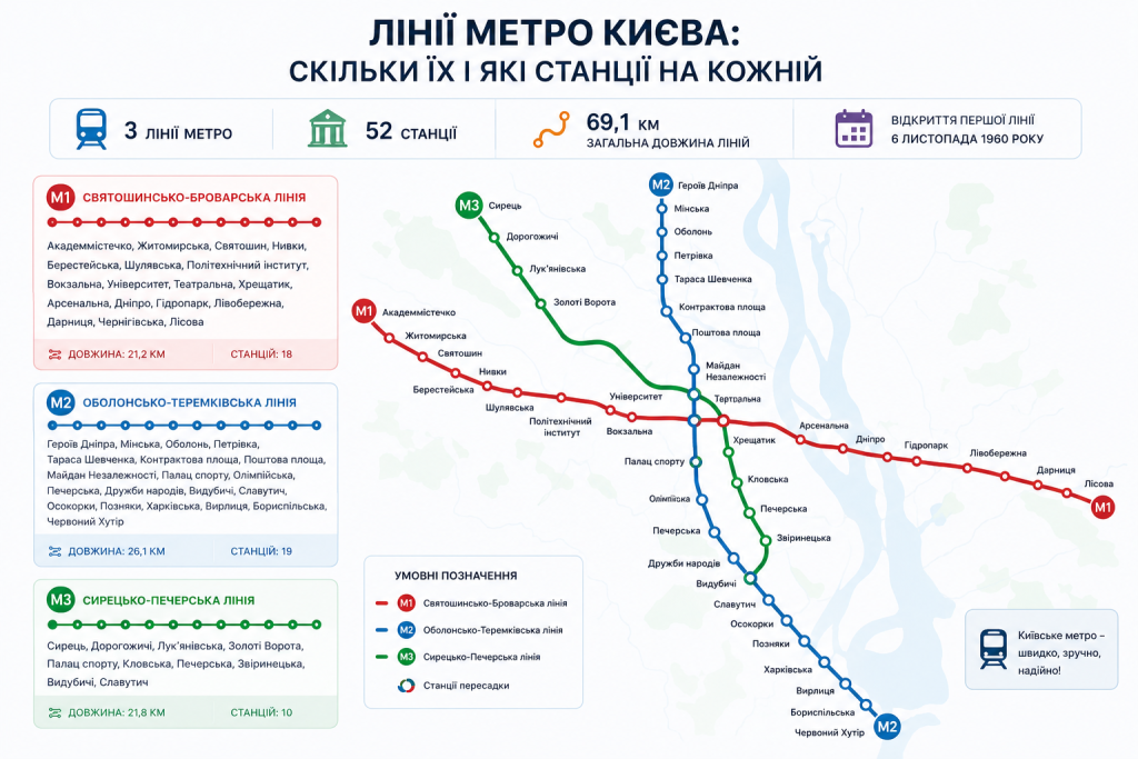 Схема ліній Київського метрополітену зі списком станцій кожної гілки