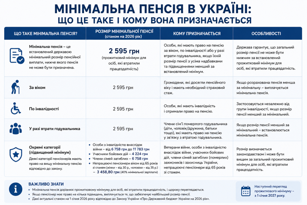 Таблиця з розміром мінімальної пенсії в Україні та категоріями отримувачів