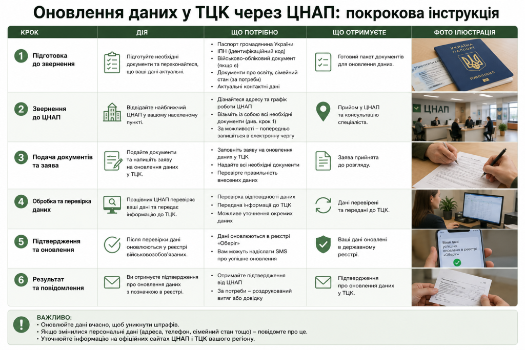 Інфографіка з покроковим алгоритмом оновлення військово-облікових даних через ЦНАП, переліком необхідних документів, етапами подання заяви, перевірки та підтвердження оновлення.
