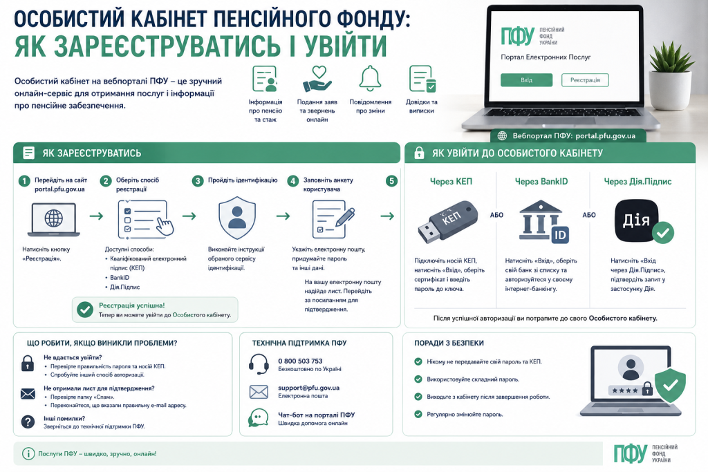 Інфографіка з кроками реєстрації та входу в особистий кабінет ПФУ