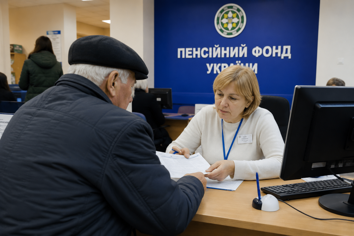 Літній чоловік спілкується з працівницею Пенсійного фонду України за столом