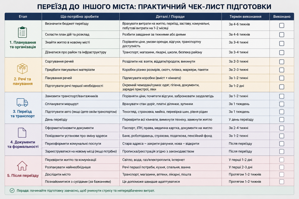 Таблиця з етапами підготовки до переїзду в інше місто