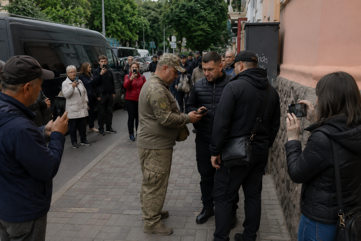 Представники ТЦК перевіряють військово-облікові документи чоловіка на міській вулиці, поруч знаходяться перехожі та люди, які спостерігають за ситуацією.