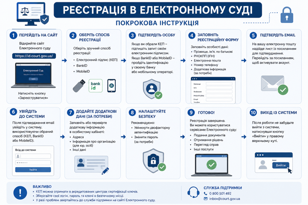 Інфографіка з 10 кроками реєстрації в системі Електронний суд