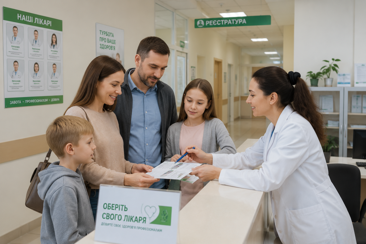 Батьки з дітьми підписують декларацію з лікарем на реєстратурі поліклініки