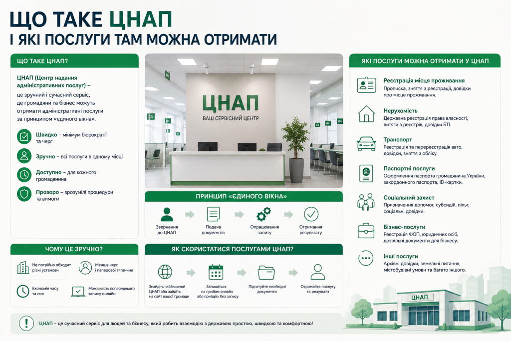 Інфографіка з переліком адміністративних послуг ЦНАП та принципом єдиного вікна