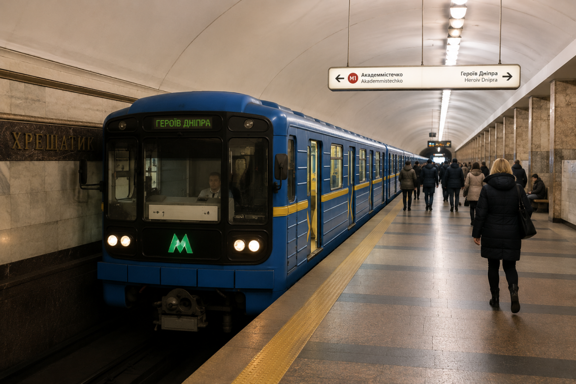 Пасажири на платформі станції метро Хрещатик під час прибуття поїзда