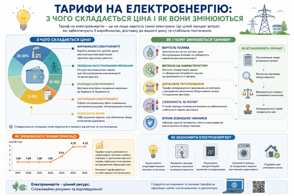 Інфографіка про структуру тарифів на електроенергію в Україні та фактори їх зміни