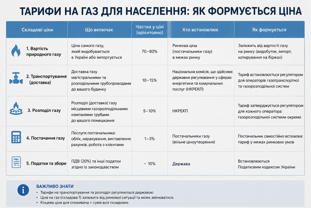 Таблиця складових ціни на газ для населення України та органів, що їх встановлюють