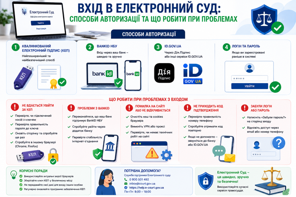 Інфографіка зі способами авторизації в Електронному суді через КЕП, BankID та Дію