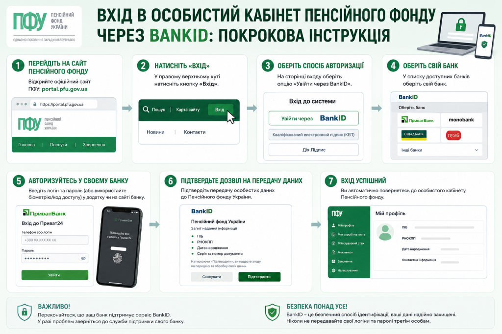 Інфографіка з кроками авторизації в особистому кабінеті Пенсійного фонду України через BankID