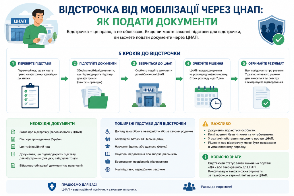 Інфографіка з 5 кроками оформлення відстрочки від мобілізації через ЦНАП