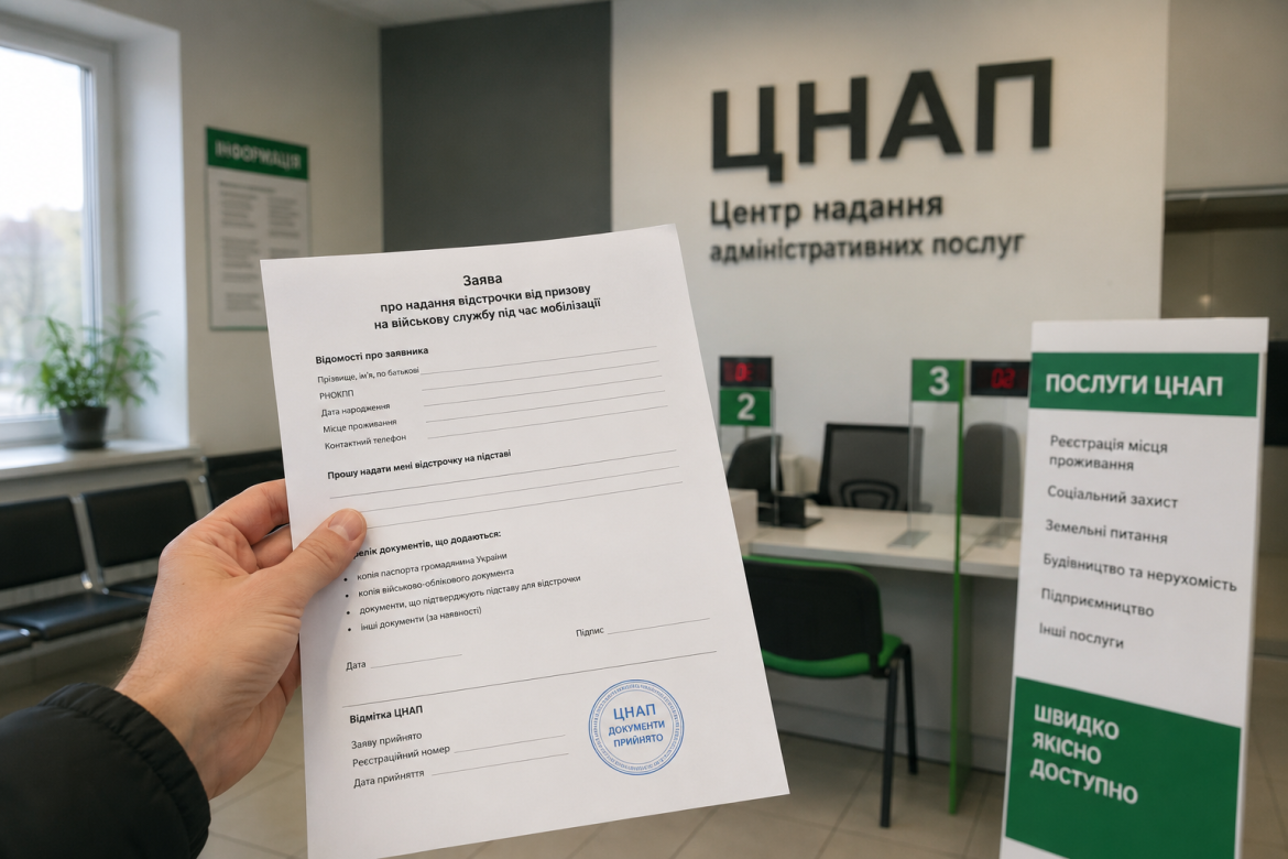 Чоловік тримає заяву про відстрочку від призову на фоні приміщення ЦНАП