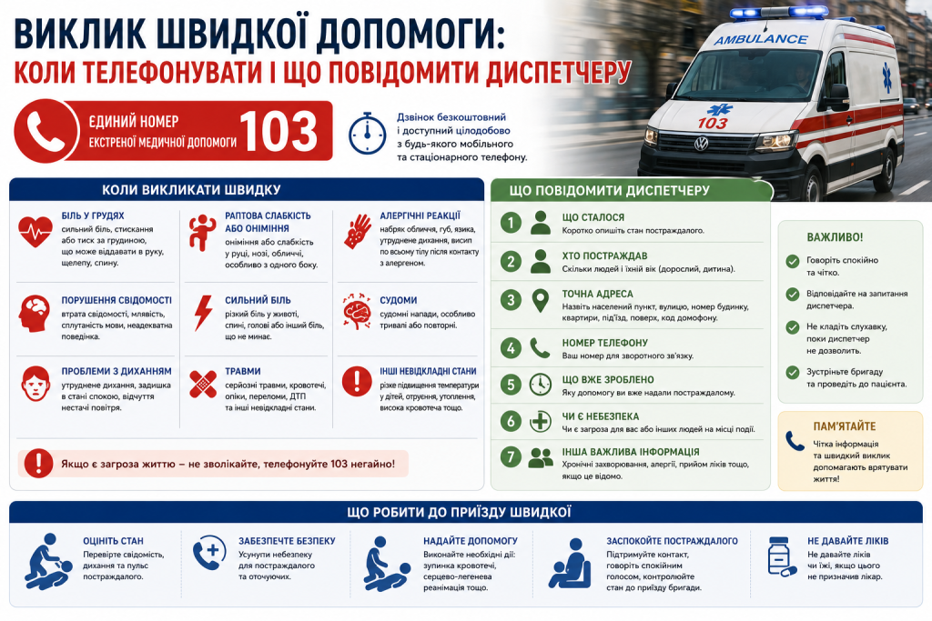 Інфографіка про виклик швидкої допомоги, номер 103, показання для виклику та інформацію для диспетчера.