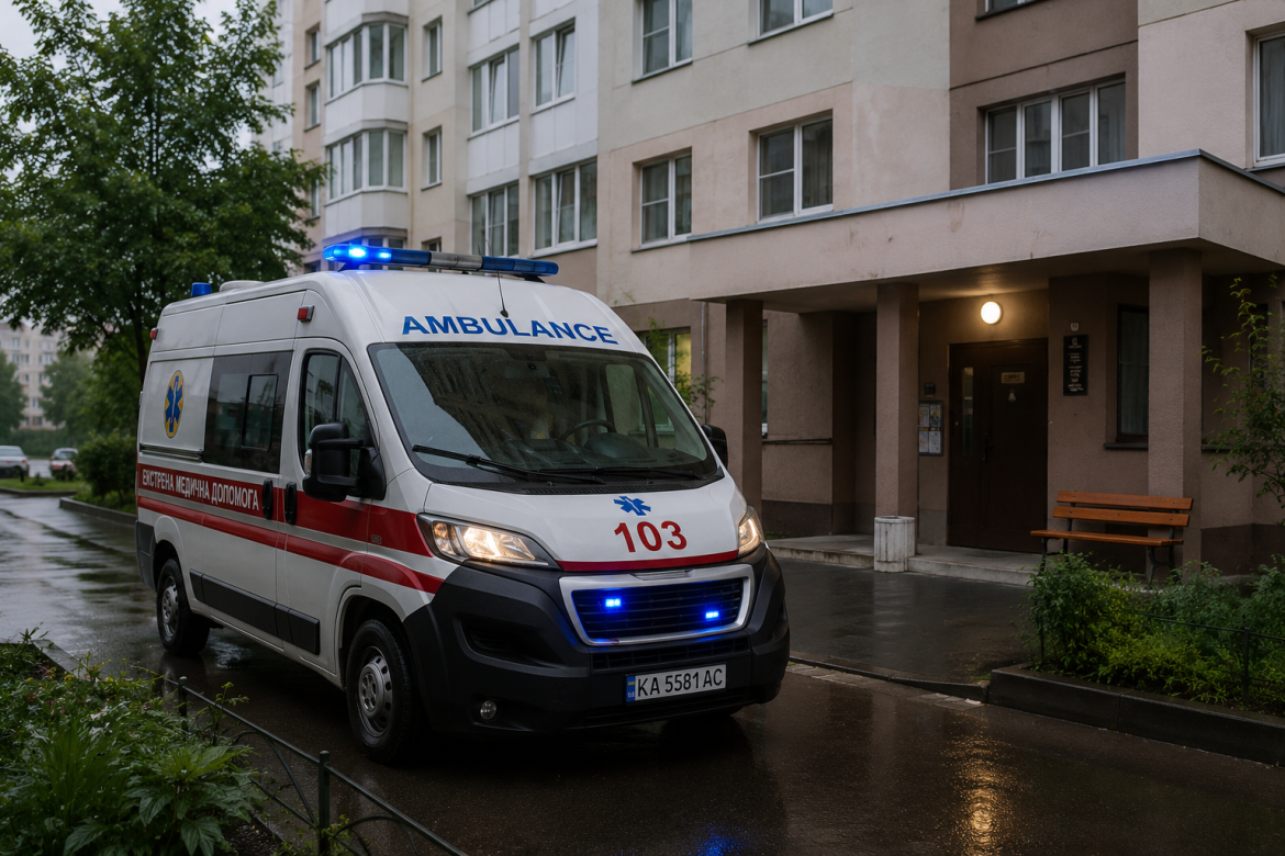 Автомобіль екстреної медичної допомоги з номером 103 біля багатоповерхового будинку.
