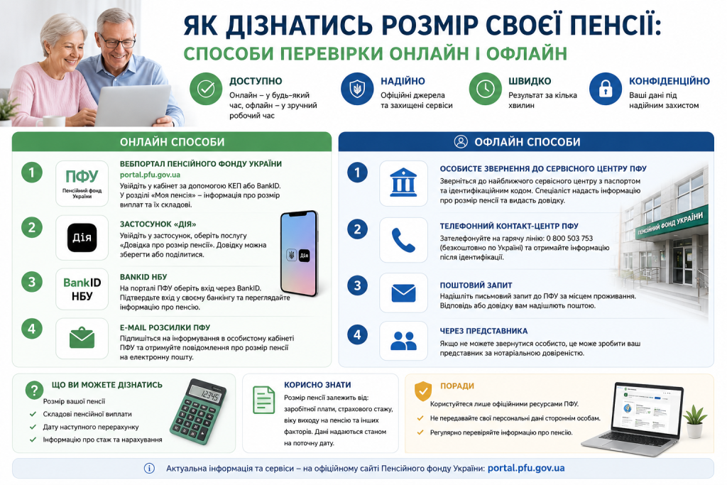 Інфографіка зі способами перевірки розміру пенсії через портал ПФУ, Дію, BankID та інші сервіси