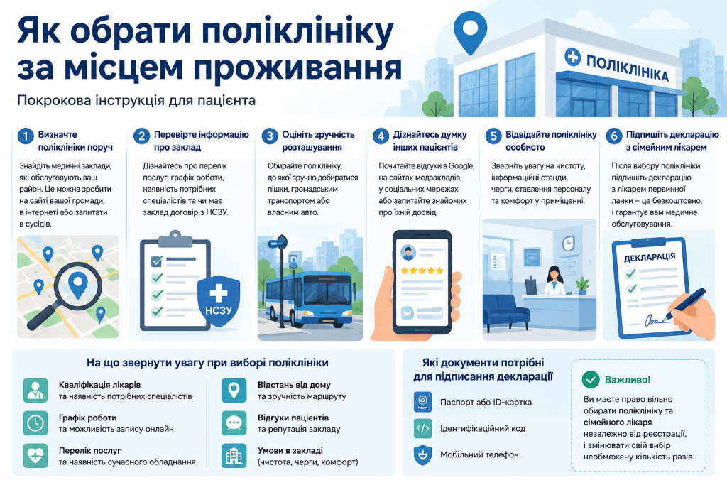 Інфографіка з покроковою інструкцією вибору поліклініки та підписання декларації