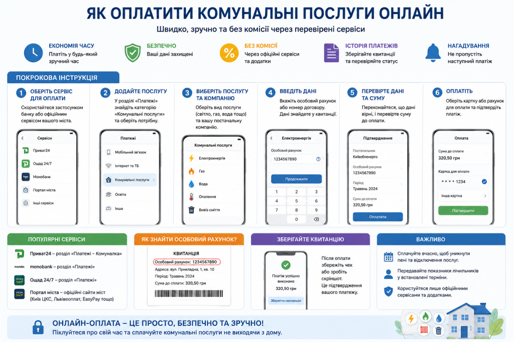 Інфографіка з покроковою інструкцією оплати комунальних послуг онлайн через Приват24 та monobank