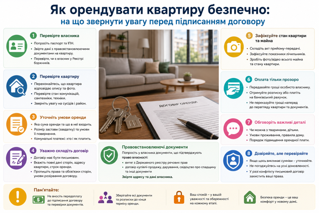 Інфографіка з порадами щодо безпечної оренди квартири та перевірки документів