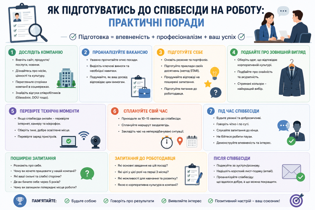 Інфографіка з практичними порадами щодо підготовки до співбесіди на роботу