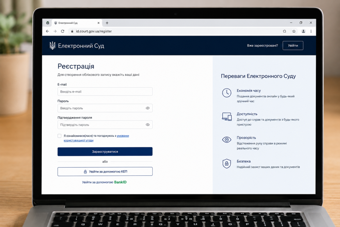 Сторінка реєстрації на сайті id.court.gov.ua з полями для email та паролю