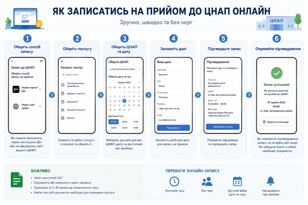 Покрокова інструкція онлайн-запису до ЦНАП на екранах смартфона