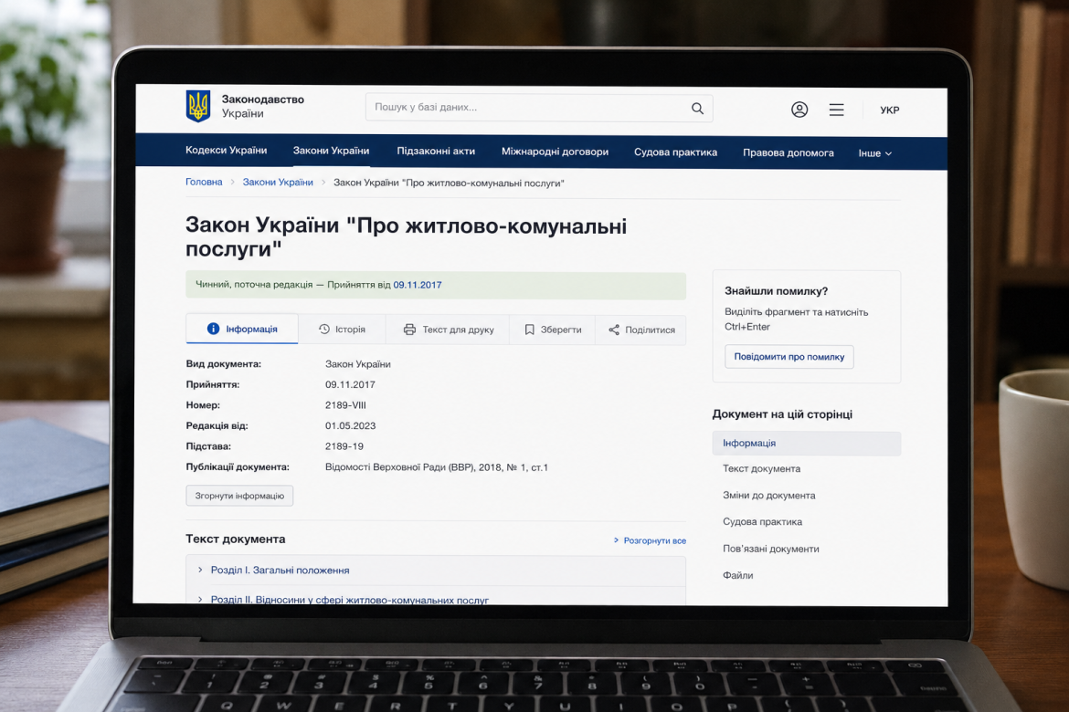Сторінка з текстом Закону України "Про житлово-комунальні послуги" на екрані ноутбука