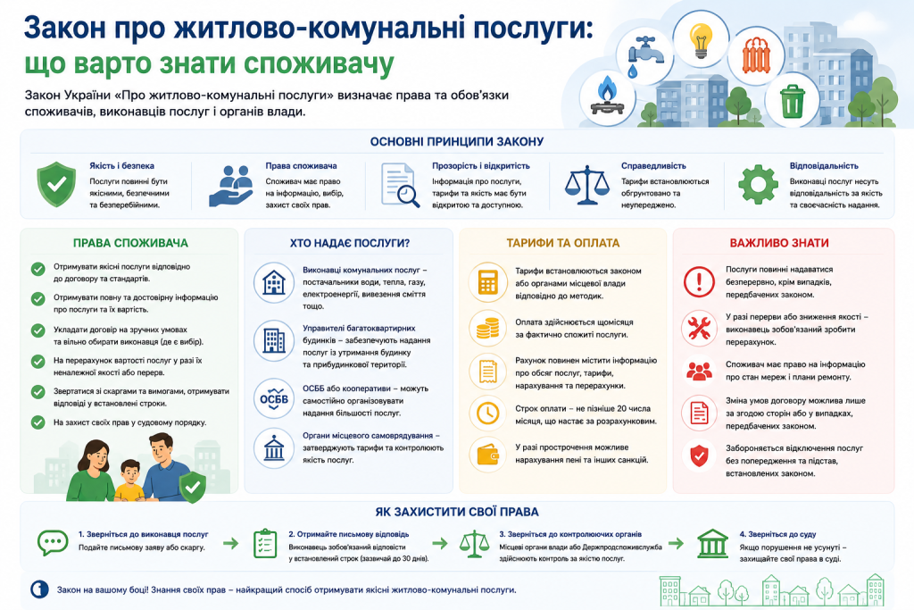 Інфографіка з правами споживачів та принципами закону про житлово-комунальні послуги