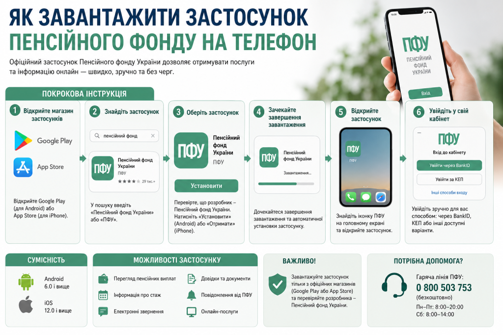 нфографіка з покроковою інструкцією встановлення застосунку Пенсійного фонду України на Android та iPhone.