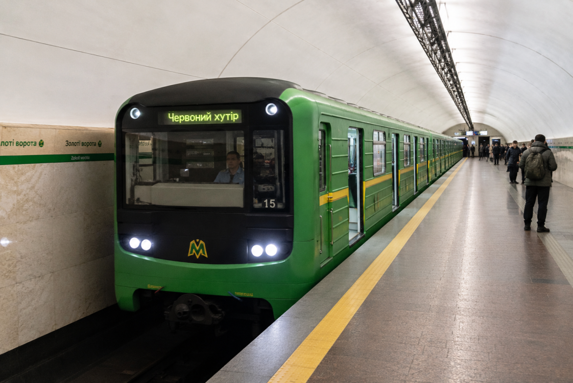 Сучасний зелений поїзд Київського метрополітену стоїть на платформі станції зеленої гілки, очікуючи на посадку пасажирів.