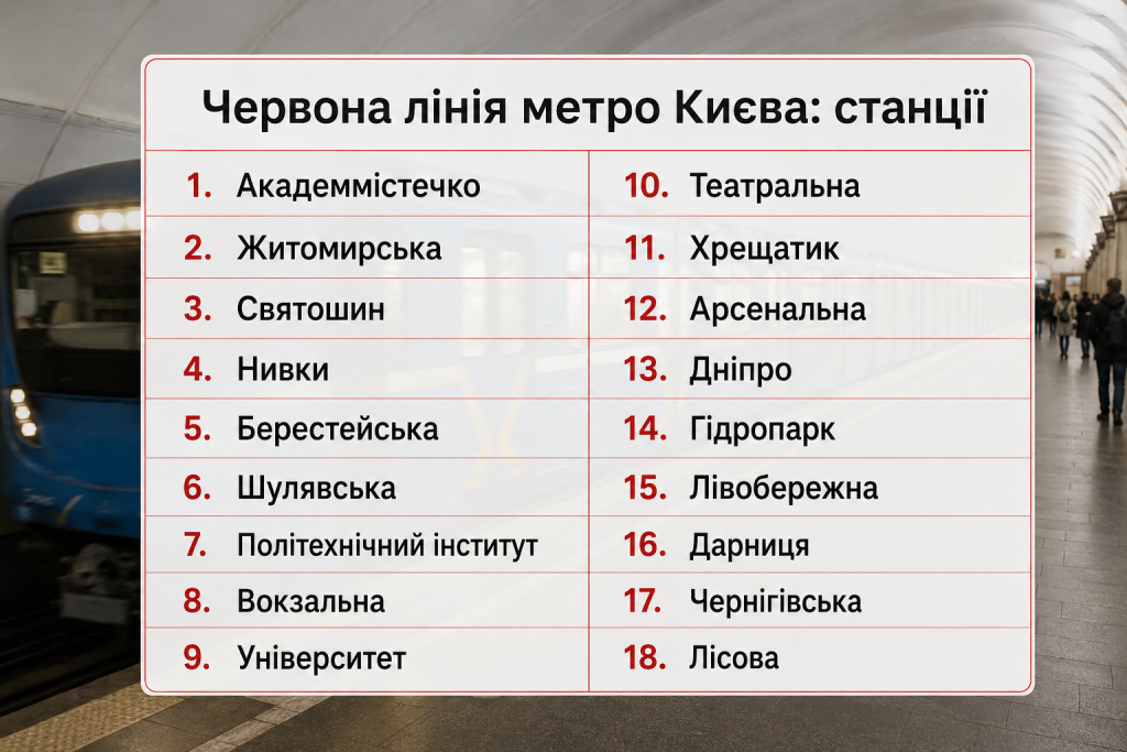 Таблиця зі станціями червоної Святошинсько-Броварської лінії Київського метрополітену