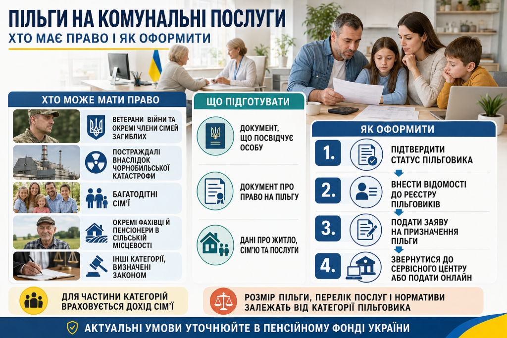 Інфографіка про пільги на оплату комунальних послуг в Україні, категорії пільговиків, необхідні документи та порядок оформлення.