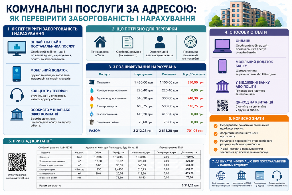 Інфографіка про перевірку нарахувань і заборгованості за комунальні послуги, способи оплати та дані особового рахунку
