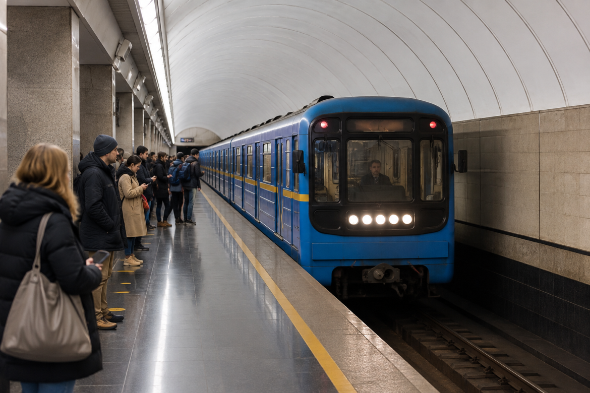 Синій поїзд Київського метро прибуває на станцію, де пасажири очікують посадки на платформі.