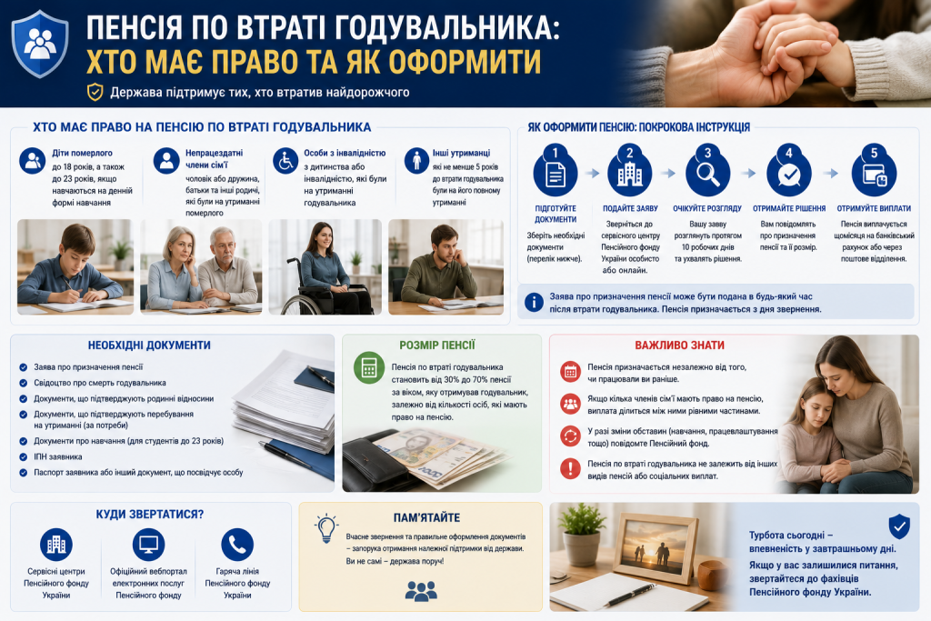 Інфографіка про пенсію по втраті годувальника, право на виплати, необхідні документи, розмір допомоги та порядок оформлення
