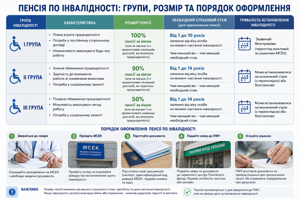 Інфографіка про групи інвалідності, розмір пенсії, страховий стаж і порядок оформлення пенсії по інвалідності в Україні.