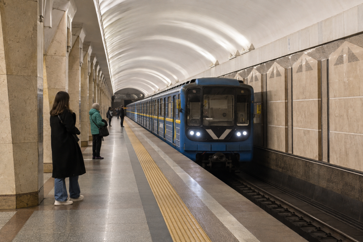 Синій поїзд Київського метро біля платформи підземної станції з пасажирами