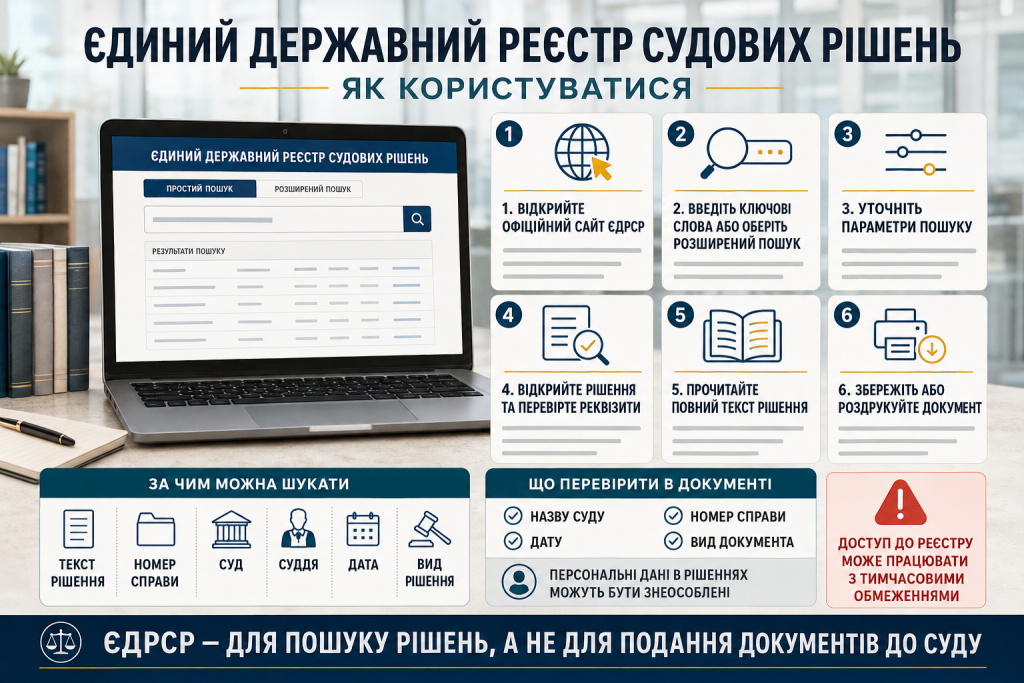 Інфографіка з покроковою інструкцією пошуку справ і судових рішень у Єдиному державному реєстрі судових рішень України.