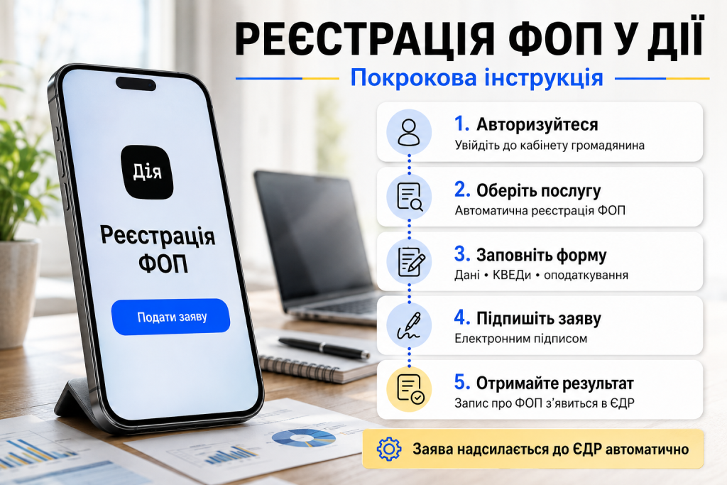 Інфографіка з етапами онлайн-реєстрації ФОП через Дію від авторизації до внесення запису в ЄДР