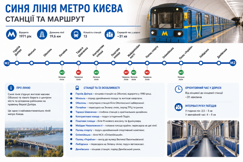 Інфографіка зі схемою синьої лінії Київського метрополітену, основними станціями, пересадками, довжиною маршруту та часом у дорозі.