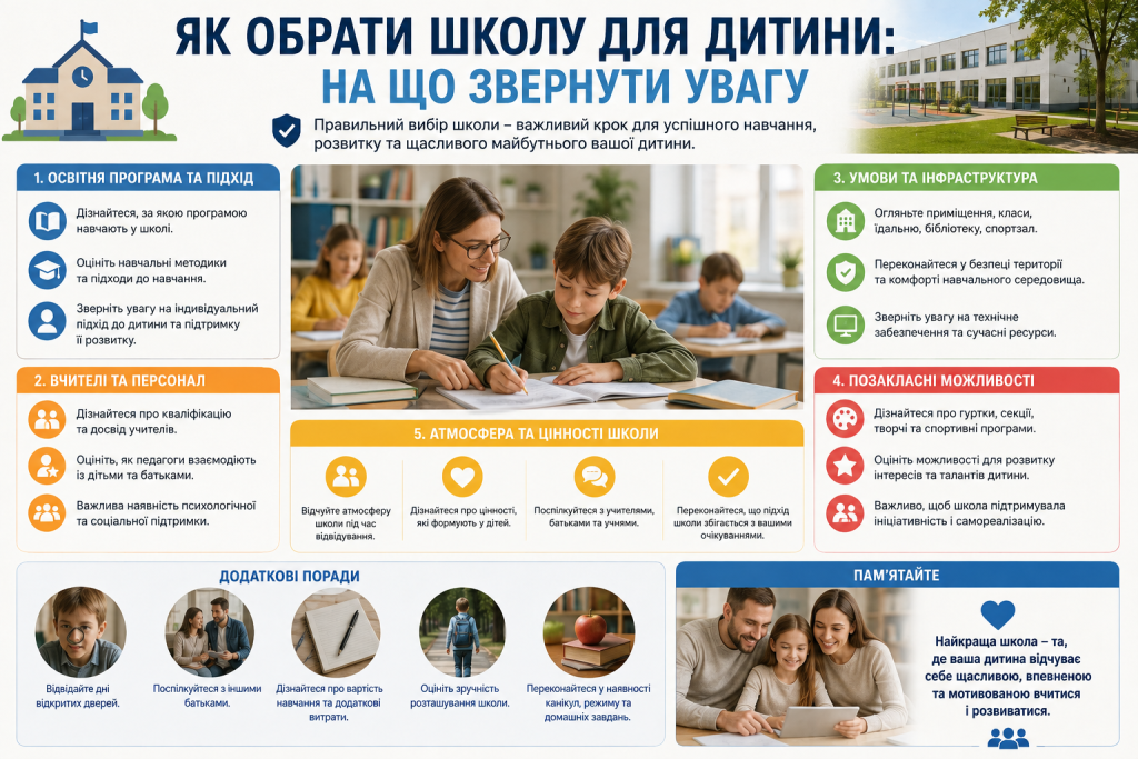 Інфографіка про вибір школи для дитини за освітньою програмою, вчителями, інфраструктурою, атмосферою та позакласними можливостями