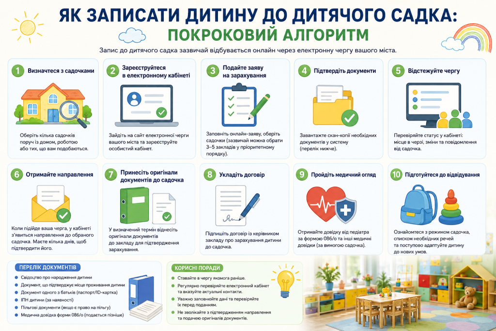 Інфографіка з покроковим алгоритмом запису дитини до дитячого садка, електронною чергою, документами та медичним оглядом.