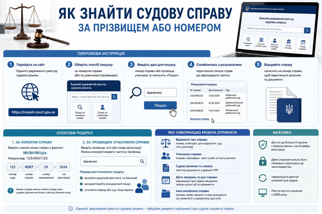 Інфографіка з покроковою інструкцією пошуку судової справи онлайн за номером справи або прізвищем учасника